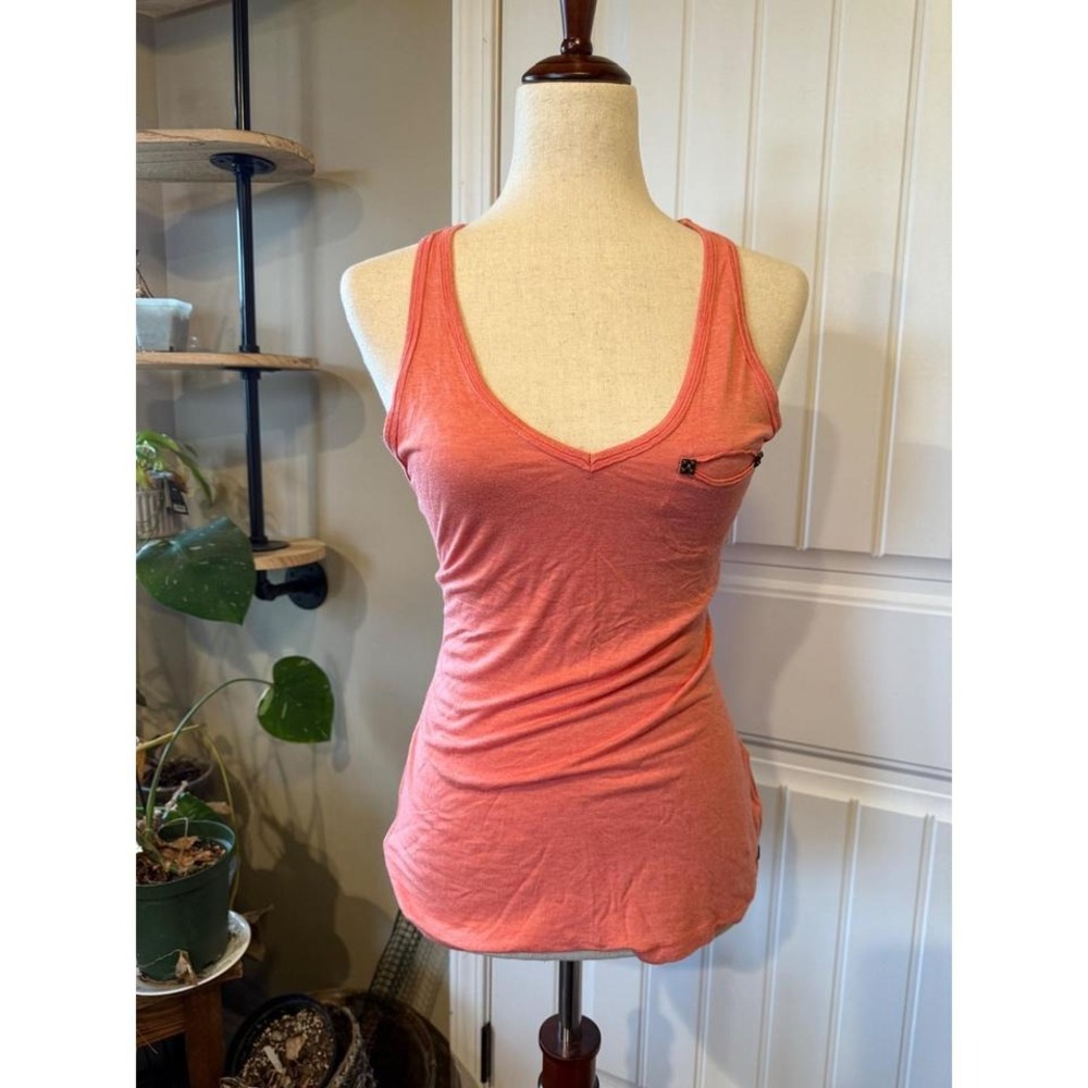 Guess Coral Pink Racerback Tank Top Ring Detail Pocket V Neck Women's M